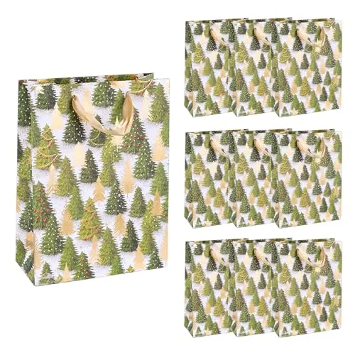 Idena 90398 - Geschenktaschen Tannenbaum, 10 Stück in Grün-Gold, Papiertüten in der Größe 34,5 x 25 x 8,5 cm, Geschenktüten für Weihnachten