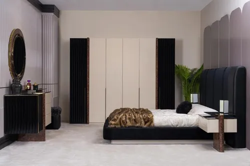 Ästhetisches Schlafzimmer-Set mit Bett, Nachttischen, Schrank und Kommode - Modernes 5-teiliges Schlafzimmer-Set in Schwarz, ideal für Jugendliche und Erwachsene. Umfasst Bett (180x200 cm), 2 Nachttische, Schrank und Kommode mit Spiegel. Stilvolles Design für Ihr Schlafzimmer!