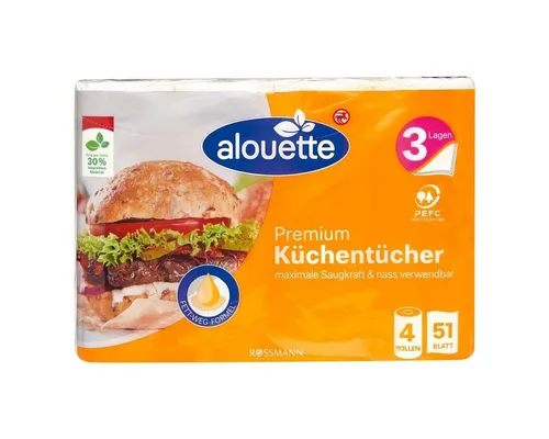 alouette Papierküchenrolle Premium (4-St), 3-lagig, weiß, trocken & nass, mit Fett-Weg-Formel, 51 Blatt/Rolle