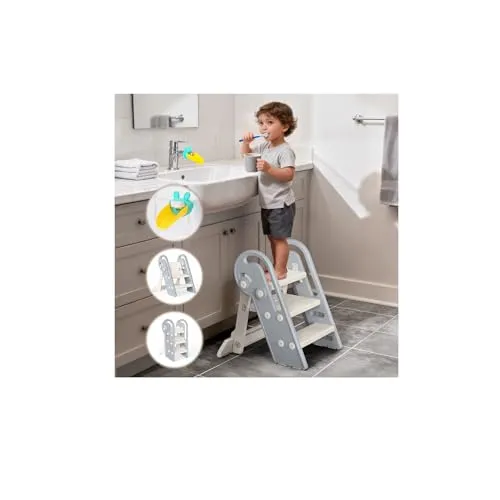 Onasti Höhenverstellbarer Tritthocker für Kinder, Klappbar, Anti-Rutsch, Grau