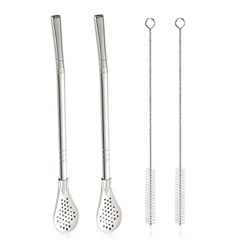 Fatiya Yerba Mate Bombilla Strohhalm-Filterlöffel aus Edelstahl mit 2 Reinigungsbürsten, wiederverwendbar, Metall-Strohlöffel, Cocktail-Rührer zum Trinken von losem Tee, Eiskaffee, Silber, 2 Stück
