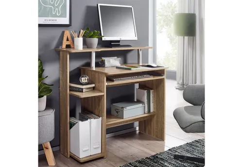 FINEBUY Schreibtisch SuVa2368_1 - Moderner PC-Tisch für Home Office - Schreibtisch aus grauer Spanplatte, mit Tastaturauszug und 6 Ablageböden. Ideal für effizientes Arbeiten im Home Office, bietet viel Stauraum und ein zeitloses Design.