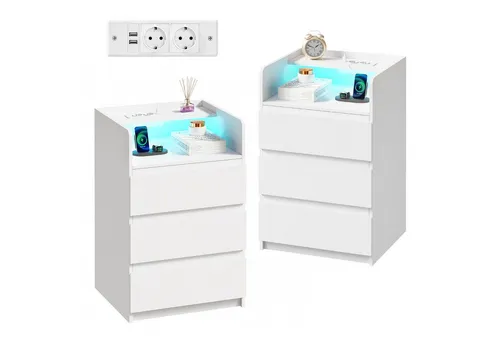 BEWISHOME Nachttisch mit LED-Beleuchtung, Steckdosen & USB-Anschlüssen, 40x35x68cm