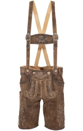 Maddox Herren Lederhose Horn antik - Stroh 50 - Traditionelle Trachtenlederhose mit passendem Gürtel und H-Träger, ideal für festliche Anlässe. Hochwertige Verarbeitung für perfekten Tragekomfort.