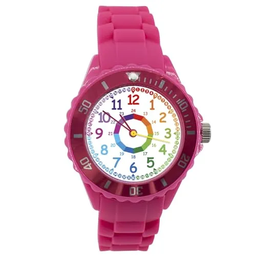 K&L Wall Art Kinderuhr Analog Lernuhr Rosa für Mädchen - Die kinderfreundliche Armbanduhr mit beschriftetem Zifferblatt hilft Grundschulkindern beim Lernen der Uhrzeit. Das robuste Silikonarmband ist angenehm zu tragen und die Uhr ist bis 50 Meter wasserdicht – ideal für aktive Mädchen!