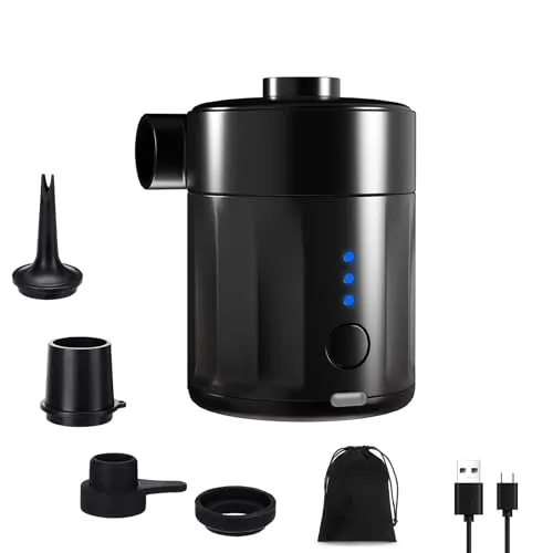 Mojimdo Tragbare Elektrische Luftpumpe, 5000 Pa Pumpe Akku, 450L/Min, Kompakte Air Pump mit 4 Düsen, für Camping, Luftmatratze, Schwimmring, Luftkissen, Schlauchboot, Vakuumbeutel