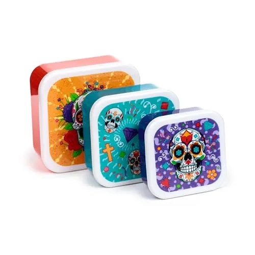 Puckator Set mit 3 stapelbaren Lebensmittelbehältern M/L/XL – mexikanischer Totenkopf – Day of the Dead – Lunchbox