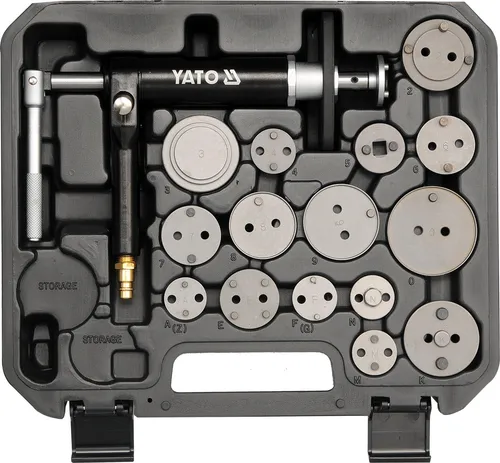 YATO Dreh- / Rückstellwerkzeugsatz YT-0671 - Werkstatteinrichtung mit 16-teiligem pneumatischem Set, ideal für die einfache Rückstellung von Bremssattelkolben und aus robustem Werkzeugstahl gefertigt.