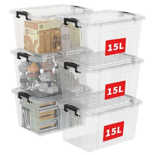 Cetomo 15L*6 Aufbewahrungsboxen mit Deckeln, Kunststoff-Aufbewahrungsbox mit Clips, Kunststoffbox, Ordnungsboxen für Zuhause und Büro, BPA-frei, Nestbar, Stapelbar, Transparent, 15L-6er Pack