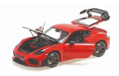 Minichamps 110062120 Porsche Cayman GT4 RS 2024 – Rot 1:18 - Detailiertes Standmodell des Porsche Cayman GT4 RS in rot, mit öffnenden Hauben und Türen, ideal für Sammler und Auto-Enthusiasten.