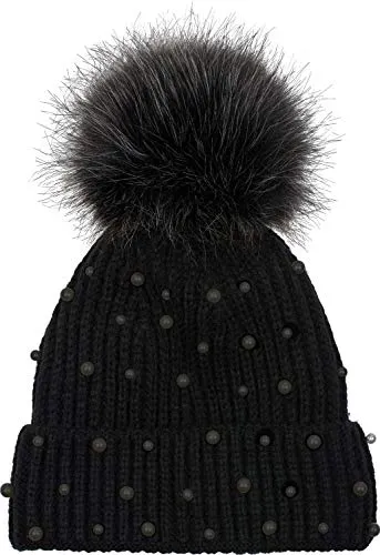 styleBREAKER Damen Strick Bommelmütze mit Perlen und Fleece Futter, warme Winter Fellbommel Mütze, Fake Fur 04024155, Farbe:Schwarz
