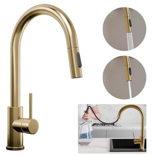PRIMAGRAN Küchenarmatur 9010 – 360° drehbar, ausziehbar, Edelstahl Gold
