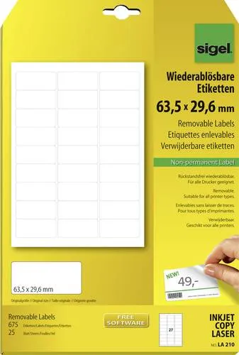 Sigel LA210 Universal-Etiketten - 63,5 x 29,6 mm, 675 Stück, wiederablösbar und ideal für temporäre Beschriftungen