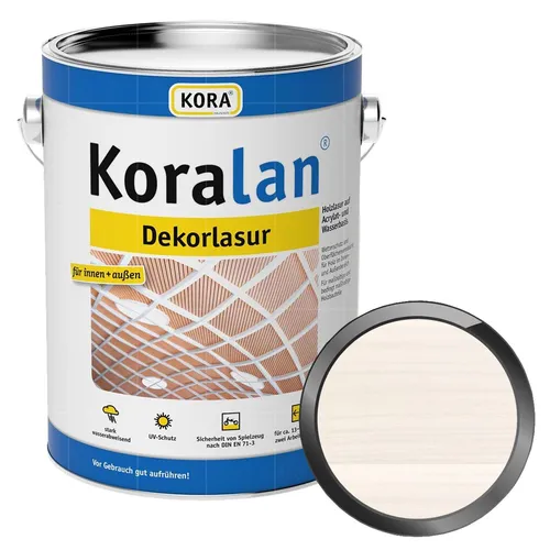 KORA Koralan Dekorlasur 0.75 Liter Opalweiss - Hochwertige Holzlasur auf Wasserbasis für den Innen- und Außenbereich. Schützt Holz vor Witterungseinflüssen und betont die natürliche Maserung. Schnelltrocknend und feuchtigkeitsregulierend – ideal für Fenster, Türen und mehr.