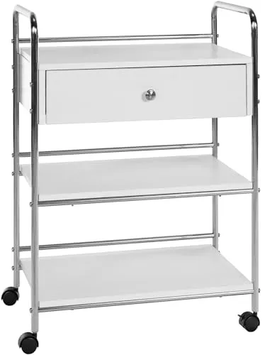 CLP Gerätewagen PL912 mit Rollen und Schublade, weiß - Werkstattwagen mit 3 Ablageflächen und Soft-Close-Schublade, ideal für Kosmetikstudios und Werkstätten, leicht beweglich dank 4 Rollen.