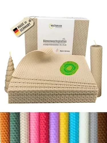 Wachsmann Bienenwachsplatten 20 Stück, beige - Kerzenwachs aus 100 % reinem Bienenwachs, ideal zum einfachen Selbermachen von duftenden Kerzen – perfekt für kreative Bastelstunden mit der Familie!
