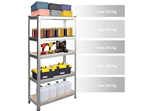 Humberg Kellerregal Schwerlastregal mit 5 Ablagen, 1325 kg belastbar - Lagerregale mit robustem Stahlgestell, ideal für schwere Lasten. 5 stabile MDF-Regalböden, schraubenlose Montage und als Werkbank nutzbar.