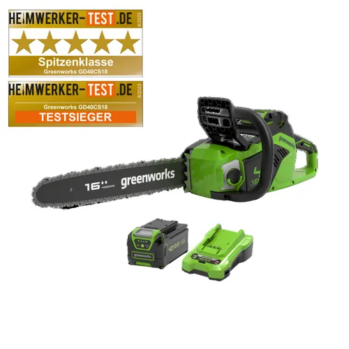 Greenworks GD40CS18K4 Akku Kettensäge 40V - Kettensäge mit 40 cm Schnittlänge, 4Ah Akku und Ladegerät, ideal für leise und kabelloses Arbeiten im Garten dank Antivibrationsgriff und automatischem Kettenöler.