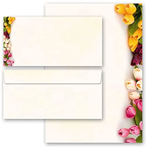 Briefpapier Set, 20 tlg. Blumen & Blüten, BUNTE TULPEN 10 Blatt Briefpapier + 10 passende Briefumschläge DIN LANG ohne Fenster