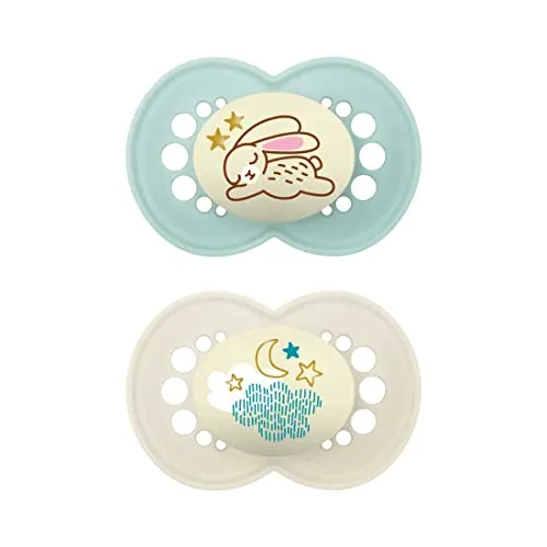 MAM Original Night Schnuller 6+ Monate (2er-Set) MAM Schnuller 6-16 Monate - leuchtet im Dunkeln mit Silikonsauger - 2er Set Babyzubehör mit Sterilisator-Schnullerhalter, Grün/Neutral