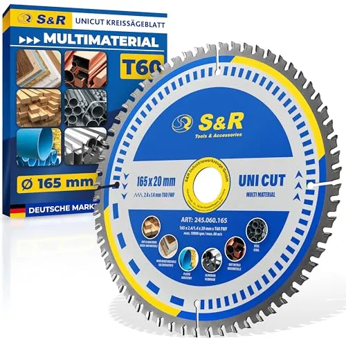 S&R Kreissägeblatt 165 mm FWF-Design mit 60 Hartmetall-Zähnen - Vielseitiges 165 mm Kreissägeblatt für Holz, Baustahl und Kunststoffe. Ideal für präzise Schnitte und professionelle Anwendungen. Langlebiges Design für effizientes Arbeiten.