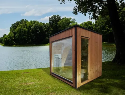 Holzsauna Gartensauna mit Panorama-Design - Moderne 6-Personen Sauna für den Außenbereich, energieeffizient und aus hochwertigem Massivholz. Ideal für entspannende Stunden im eigenen Garten.