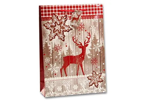 Bambelaa! 12 Stück Geschenktüten Weihnachten Geschenktaschen Groß Papiertüten Weihnachtstüten 157 g Papier Rot Braun Beige Glänzend (Ca. 25x8,5x34 cm)