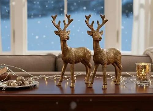KAMACA 2er Set Rentier aus Aluminium in der Farbe Gold 15 cm hoch Hochwertige Metallfiguren Weihnachtsdekoration Deko-Rentiere Tisch, Fensterbank, Kommode Winter-Deko (2er Set Rentier Aluminium Gold)