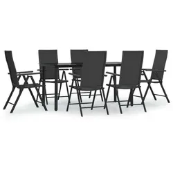 vidaXL 7-tlg. Garten-Essgruppe Schwarz Poly Rattan - Gartenmöbel-Set mit wetterfestem PE-Rattan, 7-fach verstellbaren Rückenlehnen und pflegeleichter Hartglas-Tischplatte für komfortable Outdoor-Momente.
