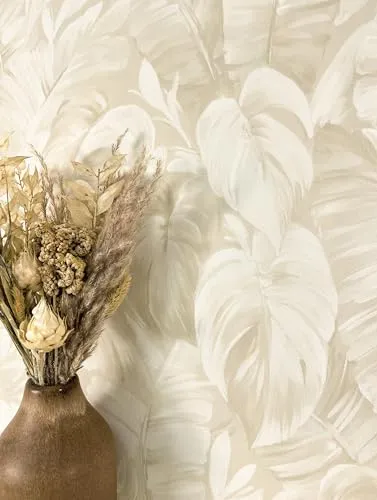 Newroom Tapete Beige Vliestapete Blätter - Mustertapete Modern Creme Palmenblätter Dschungel Dschungeltapete Tropisch Exotisch Regenwald inkl. Tapezier-Ratgeber