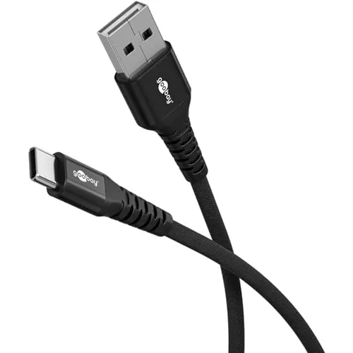 goobay USB-A auf USB-C 60W / 2m / Flexibles Textilkabel / 480 Mbits Ladekabel USB C/Supersoft/Samsung, Xiaomi, Google, Nothing Phone USB A auf C Kabel/Stoffkabel/Schwarz / 74527