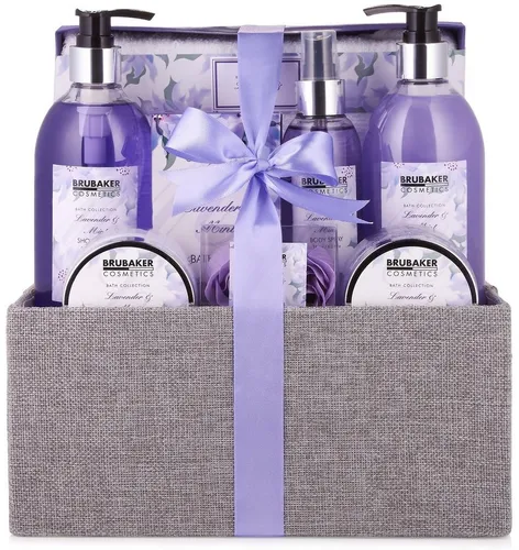BRUBAKER Cosmetics Bade- und Dusch Set Lavendel Minze - 12-teiliges Geschenkset - Kosmetik & Hautpflegesets mit erfrischendem Lavendel-Minze-Duft. Ideal für ein entspannendes Bad und pflegt trockene Haut streichelzart. In dekorativer Jute-Box, die auch zur Aufbewahrung genutzt werden kann.