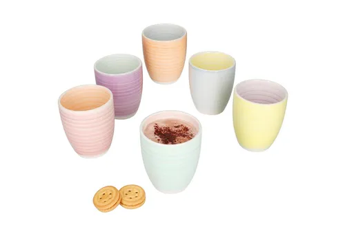 MamboCat Becher Pastello 6er Set - Thermobehälter mit 6 bunten Kaffeebechern aus Steingut, ideal für stilvolle Kaffeepausen und gemütliche Zusammenkünfte.