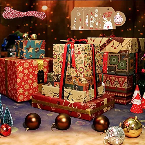 Geschenkpapier Weihnachten 10 Blatt 70x50CM Kraft Weihnachtspapier mit Geschenkanhänger und Packseil.