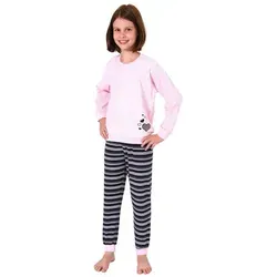 Normann Pyjama Mädchen Frottee Pyjama lang mit Bündchen Schlafanzug mit Herz Motiv rosa 170/176