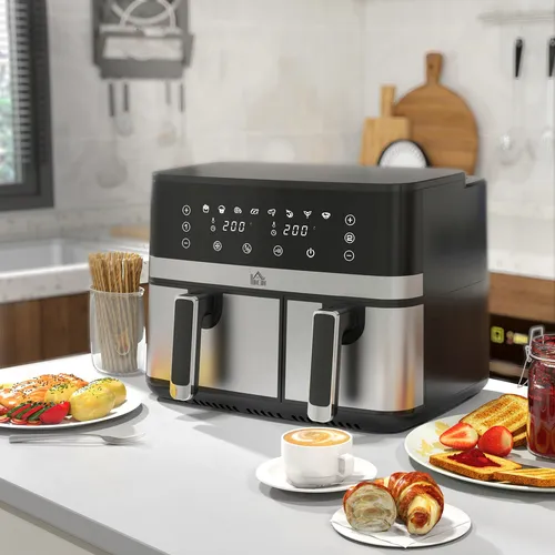HOMCOM Heißluftfritteuse 8,5L Fritteuse mit Doppelkammer 8 in 1 Rezeptur Schwarz