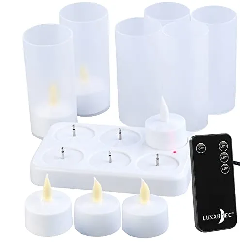 Lunartec Flacker LED-Teelichter: 6er-Set Akku-LED-Teelichter mit Ladestation, Fernbedienung, 15 Std. (Elektrische mit Akku, aufladbares Set, wiederaufladbar)
