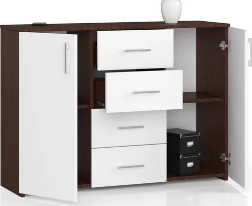 Kommode mit 4 Schubladen & 2 Türen, 110x80x35, Wohnzimmer, Venga / Weiß