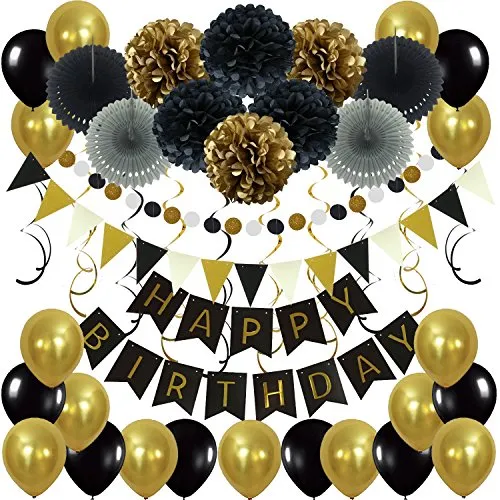 ZERODECO Geburtstagsdeko, Happy Birthday Wimpelkette Banner Girlande mit Pompoms Papier Girlande Fans Fächer Dreieckige Wimpel Spiral Girlanden und Luftballon - Schwarz und Gold
