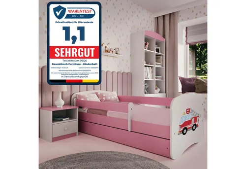 Raumhirsch Kinderbett Löschzug, Rosa, 90x160 cm - Modernes Kinderbett in Rosa mit Löschzug-Motiv, inklusive abnehmbarer Schutzschiene und praktischer Schublade für Stauraum. Ideal für ein gemütliches Kinderzimmer.