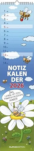 Notizkalender Humor 2026 - Lustiger Streifenplaner für die Wand - Wandkalender im schlanken Format 15x64 cm mit witzigen Cartoons und Sprüchen, ideal für Küchen und Büros. Bietet viel Platz für Notizen und zeigt Feiertage sowie Mondphasen an.