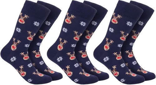 BRUBAKER Socken Weihnachtssocken für Damen und Herren (Rudolph, 3-Paar, 1 Paar) Festliche Weihnachtsmotive Rentiere - Baumwolle Socken Weihnachten
