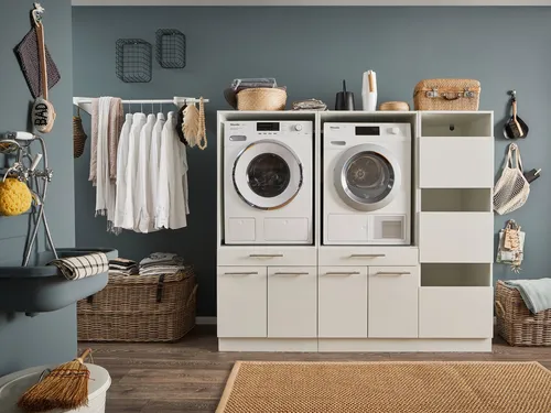 LAUNDREEZY Waschmaschinenschrank mit Wäscheschrank - TÜV-zertifiziert, 185 x 162 x 67,5 cm - Podeste & Rahmen für Waschmaschinen - Bietet viel Stauraum und eine Softclose-Funktion, ideal für eine praktische und stilvolle Wäscheorganisation.