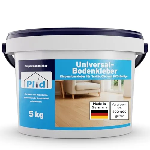 Plid Bodenkleber 5kg - Geruchloser Universalkleber für Bodenbeläge - Klebstoffe, haftstark und wasserfest, ideal für PVC, Teppich, Parkett und Vinyl. Lösungsmittelfrei und transparent, für eine saubere Anwendung.