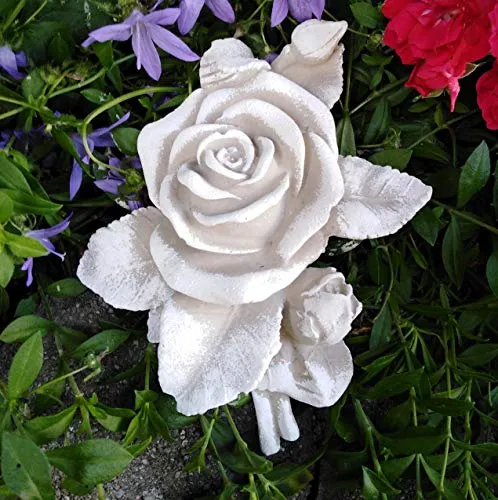 XL Rose mit Stiel Rosenblüte auch Grabdekoration Grabschmuck Rosenbouquet Steinguss 16cm grau Patina weiß, ca. 360g