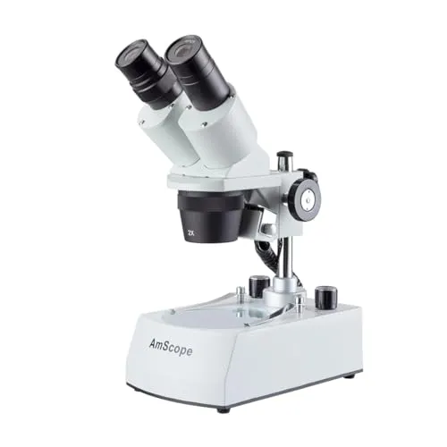 AmScope SE306R-P-LED Kompaktes Stereomikroskop mit mehreren Objektiven, abgewinkeltem Kopf, Metallsäulenständer, LED-Beleuchtung oben und unten, 20X-40X