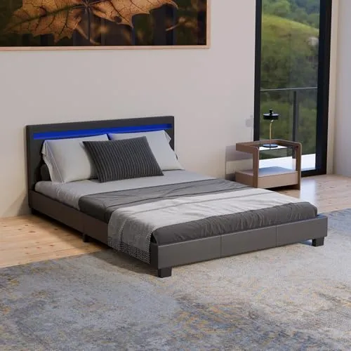 Juskys Polsterbett Paris 140x200 cm - Mit bunter LED-Beleuchtung, Schwarz - Modernes Polsterbett mit 16-farbiger LED-Beleuchtung und weichem Kunstlederkopfteil, perfekt für ein stylisches Schlafzimmer.
