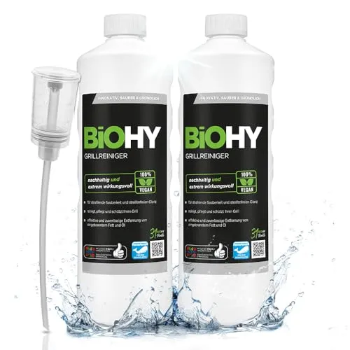 BiOHY Grillreiniger (2 x 1 liter) + Dosierer | Reiniger für Holzkohle-, Gas- und Elektrogrill | Hocheffektiv gegen angebranntes Fett und Öl | Pflegt und schont das Material | Veganes Bio Konzentrat