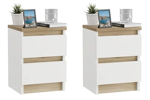 ComfortCove Nachttisch 2er Set, Nachtschrank 2er Set, Weiße Nachttische mit 2 Schubladen, Nachtkästchen, Nachttisch Weiß/Eiche