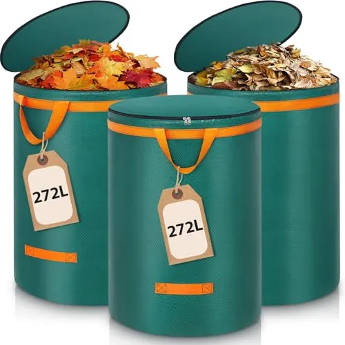 Enbagold 3X 272L Gartenabfallsack Stabil, Laubsack mit Deckel und Griffen Gartensack Groß, Gartenabfallsäcke Gartensäcke Grünschnittsack, Selbststehend Grünschnittsäcke, Abfallsack für Gartenabfälle